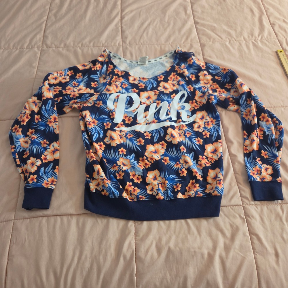 PINK Victoria's Secret Tropical Floral Logo Sweatshirt Navy Orange Medium